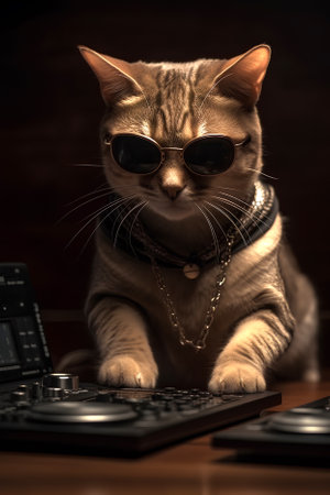 Party DJ cat with sunglasses playing music on DJ consoleの素材