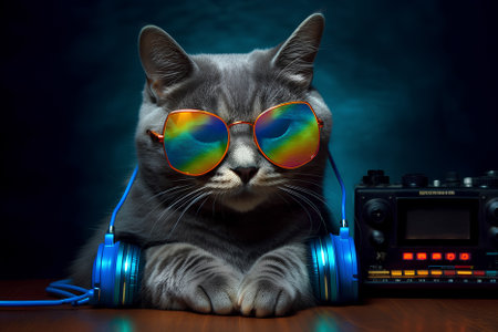Party DJ cat with sunglasses playing music on DJ consoleの素材