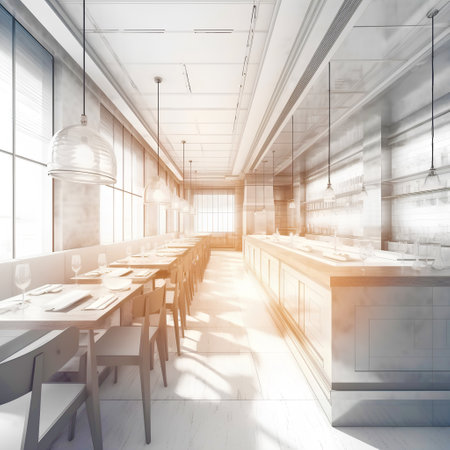 Drawing of modern restaurant interior in light colors.の素材