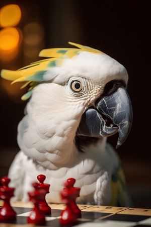 Portrait of white parrot playing chessの素材