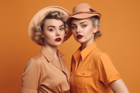 Retro woman portrait. Two vintage style blonde girls wearing old fashioned hats, hairstyles and clothes on bright yellow backgroundの素材