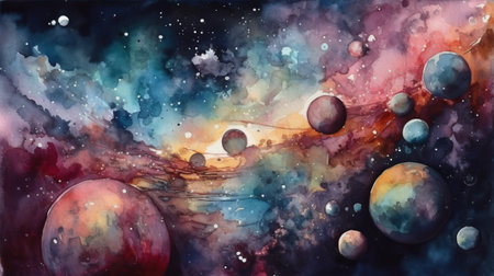 Watercolor illustration of space. Space background with planets, stars and galaxiesの素材