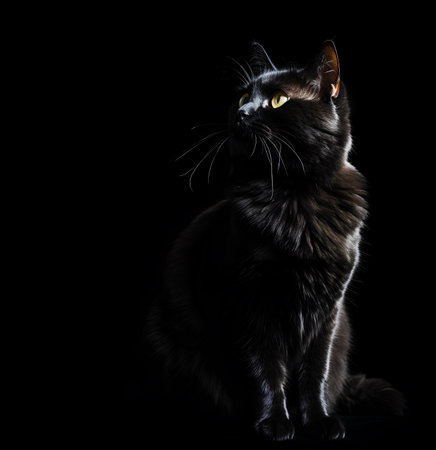 Portrait of black fluffy cat looking up on a black background with copy spaceの素材