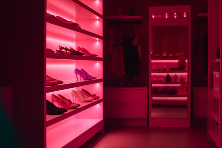 Female shoes in pink colors with luminous sole on the shelves of wardrobe or shoe shopの素材