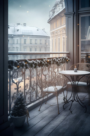 Cozy city terrace with elegant table and chairs in winterの素材