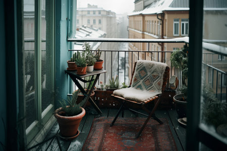 Cozy city terrace with table and chair in winter, decorated with succulent  plants in flowerpotsの素材
