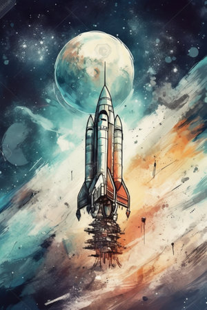 Watercolor illustration of space. Space background with spaceship, planet and starsの素材