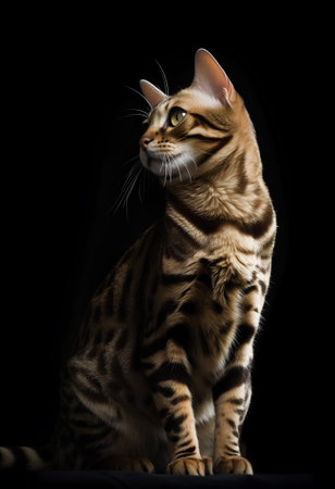 Close-up of striped bengal cat isolated on black backgroundの素材