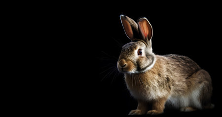 Portrait of fluffy rabbit on a black background with copy spaceの素材