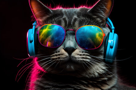 Portrait of party dj cat with headphones and rainbow sunglasses on black backgroundの素材