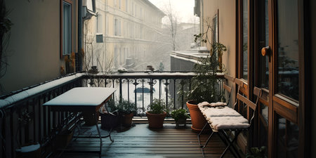 Cozy city terrace with table and chairs covered with snow in winterの素材