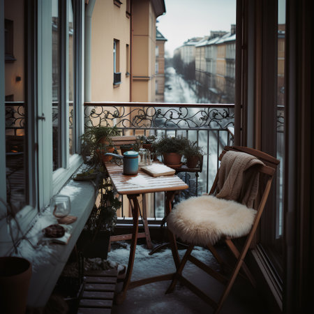 Cozy city terrace with wooden table and chair in winterの素材