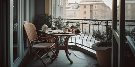 Cozy city terrace with table and armchair in winterの素材