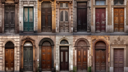 Collage of wooden vintage front doors to houses and homes.の素材