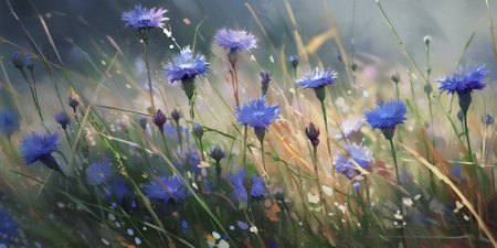 Flowering blue cornflowers on summer meadow, watercolor painting.の素材