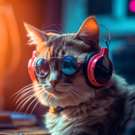 Party dj cat with headphones and sunglassesの素材