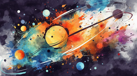 Space background with planetsa and stars. Bright watercolor illustration of space.の素材