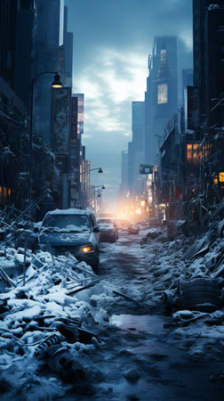 Apocalyptic landscape with snow-covered city with fires in the distance.の素材
