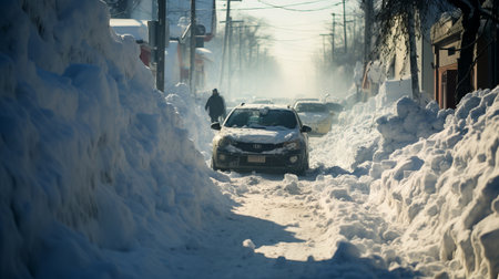 Consequences of a snow storm. Car stuck in snow drifts. Huge snow drifts on the city streets.の素材