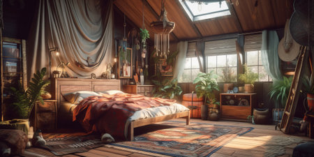 Bohemian style bedroom interior with abundance of different decorの素材