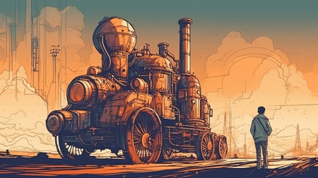 Man standing near mechanical vehicle. Steampunk and retro-futurism style iluustrationの素材