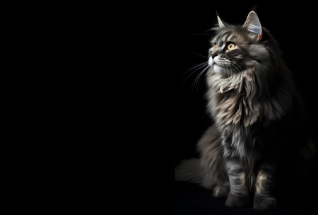 Close-up of gray fluffy cat on a black background with copy spaceの素材