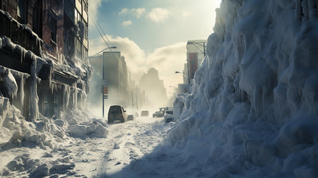 Consequences of a snow storm. Huge snow drifts on the city streets.の素材