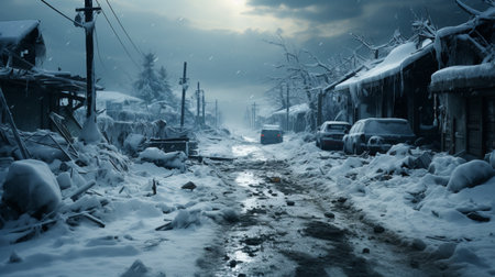 Snow-covered street in the small town. Cars stuck on the roadside in snow drifts.の素材