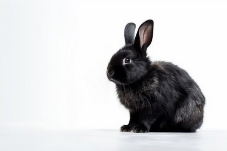 Portrait of black rabbit on white background with copy spaceの素材