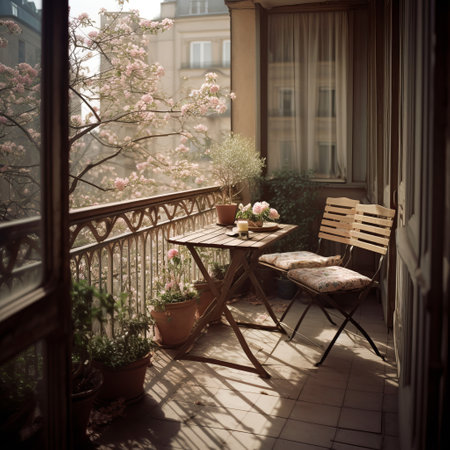 Beautiful city terrace with table and chairs in springの素材