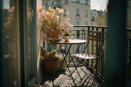 Small city balcony with table and floweing plants in springの素材