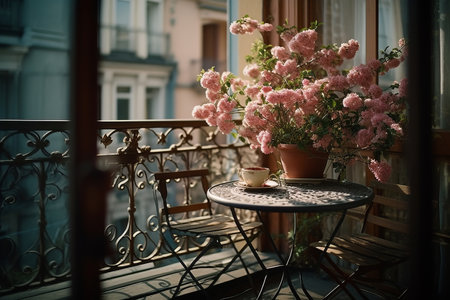 Small city terrace with table and beautiful flowering plant in springの素材