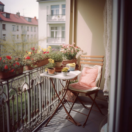 Beautiful decorated city balcony with table and decorative plants in flowerpotsの素材