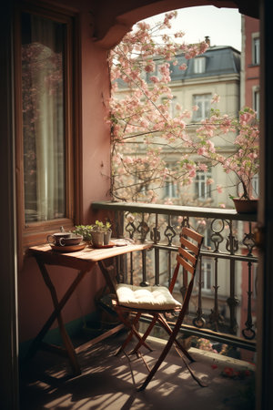 Small cozy city terrace with table and flowering tree on backgroundの素材