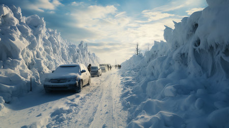 Consequences of a snow storm. Cars stuck in snow drifts.の素材
