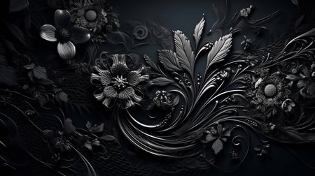 Black floral background texture.の素材