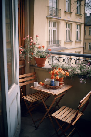 Small city terrace with wooden table and chairsの素材
