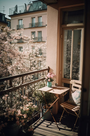 Cozy city balcony with table. Bllooming tree in spring on background.の素材