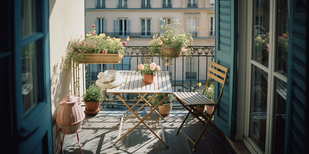 Beautiful city terrace with table and flowering decorative plants in springの素材