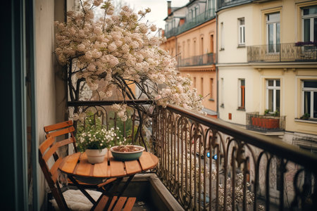 Cozy city balcony with table in spring with flowering plant outsideの素材