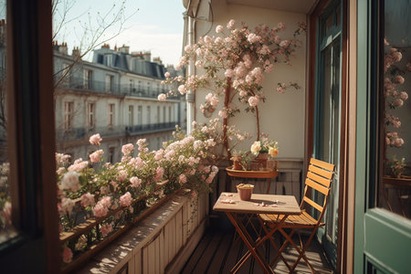 Beautiful decorated city balcony with table and flowering decorative plants in springの素材