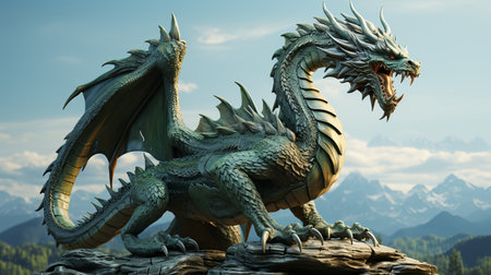 Green dragon, symbol of Chinese New Year 2024, on mountains backgroundの素材