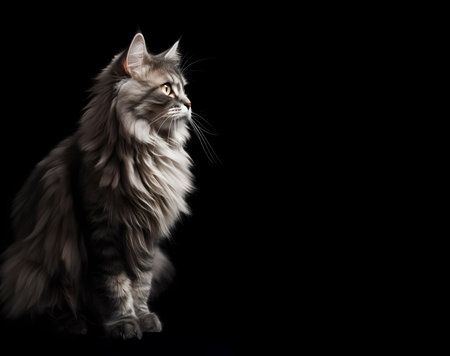 Close-up of fluffy cat on a black background with copy spaceの素材