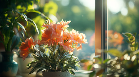 Window with flowering green house plant in flower pots on the windowsill, summer landscape view from the window.の素材
