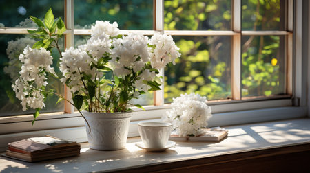 Window with flowering green house plant in flower pots on the windowsill, summer landscape view from the window.の素材