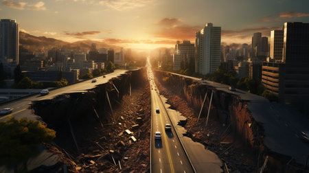 Evening cityscape with the huge groung crack. Consequences of tectonic plate shift in the city.の素材