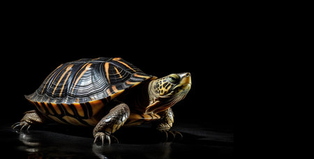 Turtle isolated on black background with copy spaceの素材
