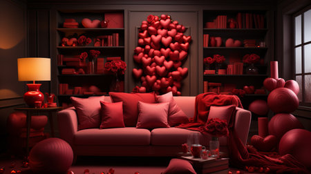Interior of room decorated for Valentine day with red heartsの素材