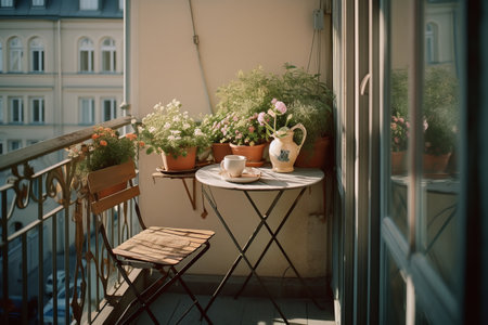 Small ity balcony with table, chair and decorative plants in flowerpotsの素材