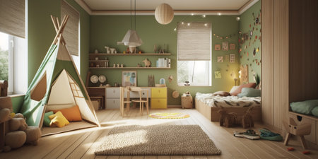 Large children room with a hut in modern houseの素材